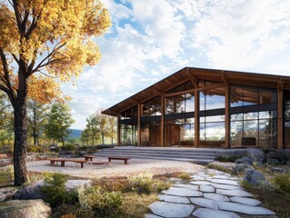 Poster - Collaborative learning space in a rural community modern architecture educational environment nature setting wide-angle view community engagement