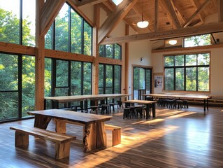 Poster - Collaborative learning space in a rural community center event venue modern design natural light environment open layout concept