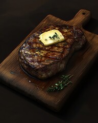 Wall Mural - Juicy grilled ribeye steak with melted butter and fresh thyme, served on a wooden cutting board.