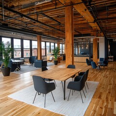 Poster - Innovative collaborative learning space tech company office modern work environment open concept design urban view productivity and creativity