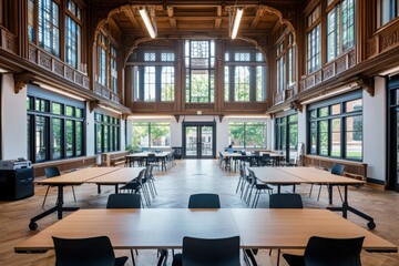 Poster - Collaborative learning space in traditional education setting modern classroom design educational environment spacious and bright atmosphere interior view innovative teaching concept