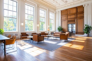 Poster - Collaborative learning space in traditional education cozy lounge interior design bright environment modern viewpoint encouraging creativity