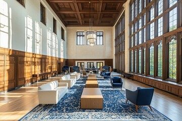 Poster - Collaborative learning space in traditional education modern design meets classic architecture academic institution indoor lounge bright and inviting environment