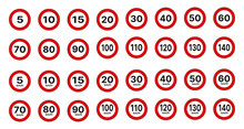 Speed limit sign collection on a white background. Circular road signs displaying various speed limits.