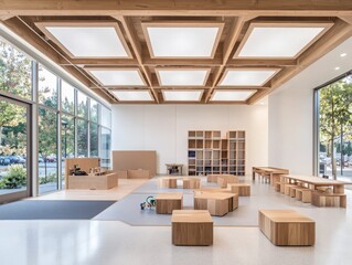 Poster - Innovative collaborative learning space modern education facility interior design bright environment wide-angle view blending tradition and modernity