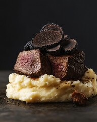 Wall Mural - Deliciously plated beef filet with truffle slices atop creamy mashed potatoes.