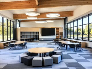 Poster - Collaborative learning space with traditional touch modern classroom innovative design open environment wide view educational concept