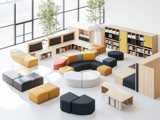 Poster - Innovative collaborative learning space design modern educational facility interior arrangement open and bright environment aerial view blending tradition and modernity for enhanced learning