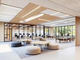 Poster - Dynamic collaborative learning space blending traditional and modern elements educational institution interior design bright and open environment wide-angle view innovative learning concept