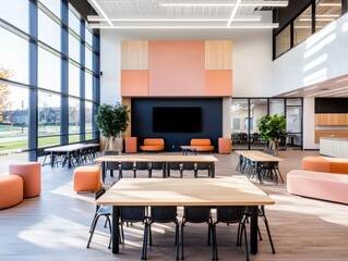 Poster - Collaborative learning space design modern educational facility interior architecture bright environment open view innovative concepts