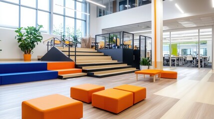 Poster - Innovative collaborative learning space promoting accessibility modern office environment educational interior design open layout creative learning concept