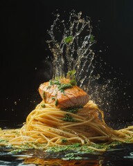 Wall Mural - A delicious plate of pasta topped with salmon, garnished with herbs, splashing in water against a dark backdrop.