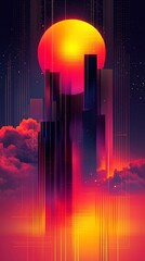 Wall Mural - Futuristic city skyline at sunset, vibrant colors, digital art.