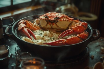 Poster - A vibrant, red crab on a rustic table, steaming in a savory broth with herbs, evoking a warm, cozy atmosphere.