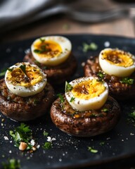 Wall Mural - Savory stuffed mushrooms topped with quail eggs and herbs, perfect for gourmet appetizers.