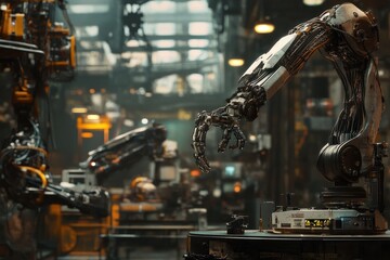 Poster - Futuristic industrial scene featuring robotic arms in a high-tech factory setting.