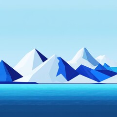 Poster - Stylized blue mountains with geometric shapes and serene water, creating a tranquil landscape scene.