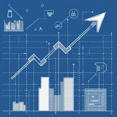 Poster - Stylized graph illustration depicting growth and success with various charts and symbols on a blue background.