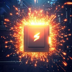 Poster - A glowing computer chip surrounded by sparks, symbolizing technological energy and innovation.