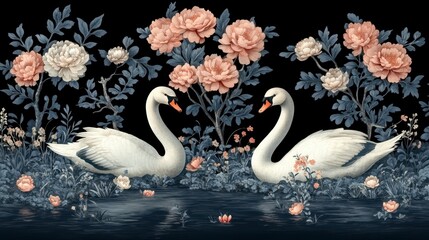 Naklejka na meble Two elegant white swans facing each other amidst lush pink and white peony blossoms, dark blue water, and foliage.