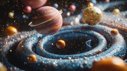 Wall Mural - A mesmerizing cosmic scene featuring a colorful planet, swirling stars, and glittering dust in deep space.