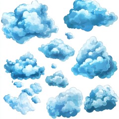 Poster - A variety of fluffy, blue clouds showcasing different shapes and sizes, perfect for creative designs.