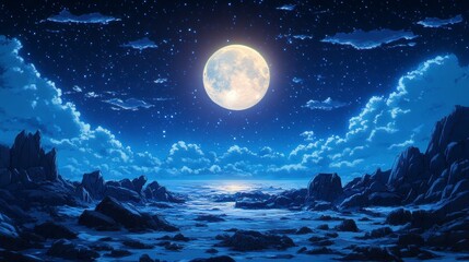 full moon over a serene, rocky landscape at night.