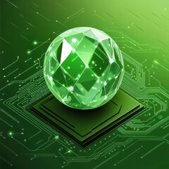 Poster - A dazzling green crystal orb sits atop a digital circuit board, symbolizing technology and elegance.