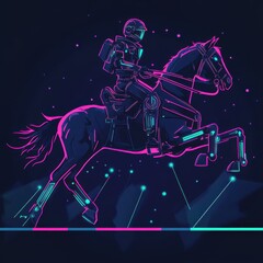 Poster - Futuristic robotic rider on a glowing horse, showcasing a vibrant neon aesthetic.