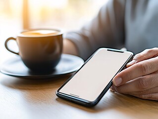Poster - credit score analysis being conducted on a smartphone app during a coffee break.