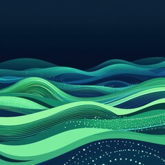 Poster - Stylized abstract wave patterns in shades of green and blue, creating a serene aquatic landscape.