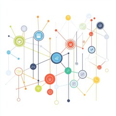 Poster - Abstract digital network illustration depicting various connected icons and symbols in a vibrant color scheme.