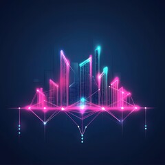 Poster - Futuristic neon city skyline with vibrant pink and blue lights against a dark background.