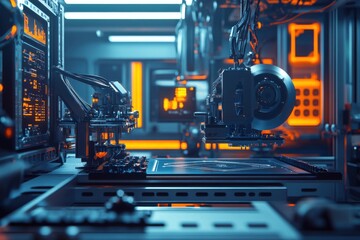 Poster - Futuristic machinery in a high-tech workshop with neon blue and orange lighting.