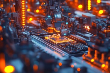 Poster - Close-up view of a futuristic microchip manufacturing process with vibrant orange lighting and intricate machinery.