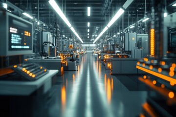 Poster - Futuristic industrial facility with advanced technology and glowing circuitry, showcasing a high-tech environment.