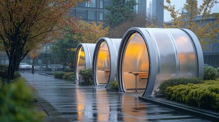 Canvas Print - Rain-soaked walkway with illuminated, curved shelters.