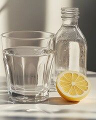 Clear glass of water with a slice of lemon, creating a refreshing and bright mood in soft natural light.