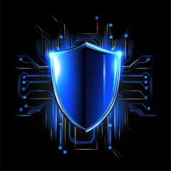 Fototapete - A futuristic blue shield symbol representing security and protection in a digital world.