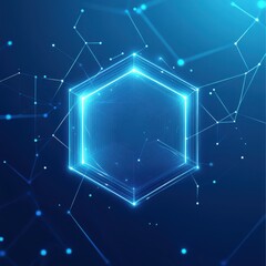 Fototapete - Futuristic hexagonal shape with glowing blue lines against a deep blue background, representing digital technology.