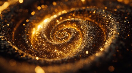 Poster - A mesmerizing close-up of a golden spiral galaxy made of shimmering particles and sparkling dust.