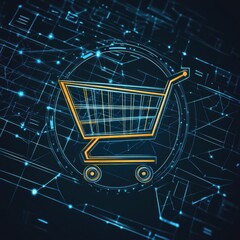 Poster - Digital shopping cart icon in vibrant blue tones with a futuristic feel.