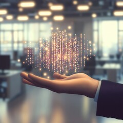 Poster - A businessman's hand holds a glowing array of data points in a modern office setting, symbolizing technology.