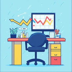 Poster - Illustration of a vibrant workspace with data analytics on a monitor, symbolizing productivity and growth.
