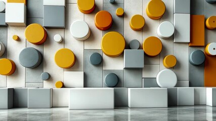 Poster - Wall made of blocks and circles in different colors. The wall is white and orange
