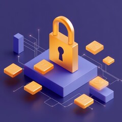 Poster - 3D illustration of a golden padlock on a purple platform, symbolizing digital security and data protection.