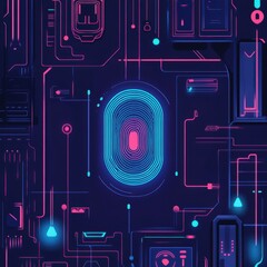 Fototapete - Futuristic digital design with vibrant blue and pink colors, showcasing a complex circuit pattern.