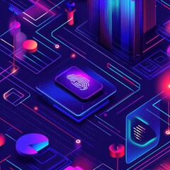 Fototapete - Futuristic digital interface with neon colors and fingerprint recognition technology.