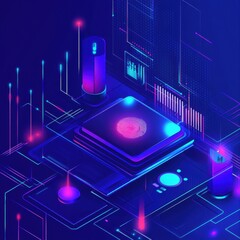 Fototapete - A captivating digital abstract scene featuring vibrant blue and purple circuitry elements and glowing interfaces.