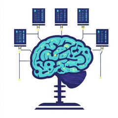 Poster - A colorful graphic illustration of a brain connected to multiple servers, symbolizing AI and data processing.